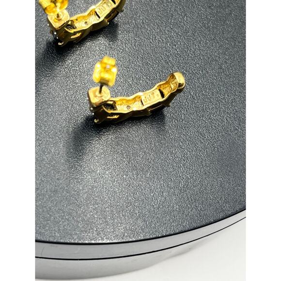 JJT 925 Sterling Vermeil Vintage Blue Topaz Diamond Half Hoop J Post Earrings - Picture 11 of 11